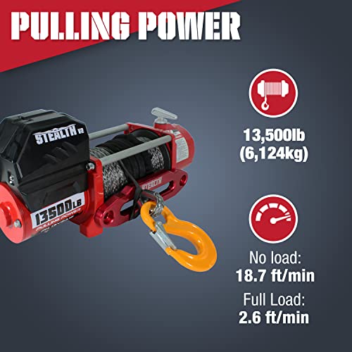 Stealth Winches Cabrestante de camión de 13500 libras, cabrestante eléctrico de 12 voltios con 2 controles remotos inalámbricos y cuerda sintética, 4 x 4, perfecto para cabrestante de remolque 13V2A12-CAD
