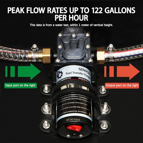 GENHOU Juego de bomba de transferencia de combustible de 12 V, mueve hasta 122 galones de gas o diésel por hora con motor de CC de 75 W y funda de transporte mejorada, con tubo de combustible de alta