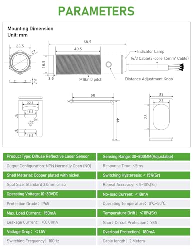 DIHOOL Sensor de proximidad fotoeléctrico, interruptor de movimiento láser, IP65 impermeable, normalmente abierto NPN NO, M16, 3 cables, entrada de 12V/24V (10-30VDC), distancia de detección ajustable