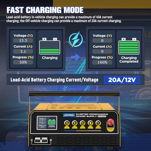 AUTOOL Fuente de alimentación de reprogramación flash de 120 amperios, cargador de batería de automóvil con modo de reparación de batería, reprogramador flash y fuente de alimentación ajustable con cables de 6.5 pies, pantalla HD