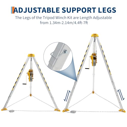 Kit de trípode de espacio confinado, cabrestante de 1200 libras, patas ajustables de 7 pies, cable de 98 pies, sistema de protección contra caídas de 33 pies, construcción de trípode de espacio