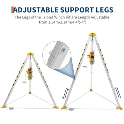Kit de trípode de espacio confinado, cabrestante de 1200 libras, patas ajustables de 7 pies, cable de 98 pies, sistema de protección contra caídas de 33 pies, construcción de trípode de espacio