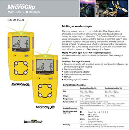 BW Technologies MC2-XWHM-Y-NA GasAlertMicroClip XT Detector de cuatro gases, O2/CO/H2S/LEL