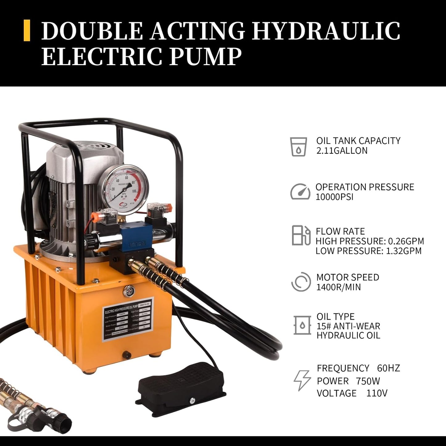LCyindu - Bomba hidráulica eléctrica de 750 W, 2 velocidades, 110 V, 10000 PSI, 8.4 cuartos de galón, válvula solenoide hidráulica, bomba eléctrica hidráulica para perforación, doblado, tomas de