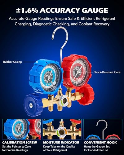 Orion Motor Tech Juego de bomba de vacío y medidor de CA, kit de manómetro de bomba de vacío de 1/3 hp 4 cfm con detector de fugas, 3 mangueras y accesorios para R134a R12 R22 R502, kit de bomba de vacío de A/C para sistemas de HVAC automático