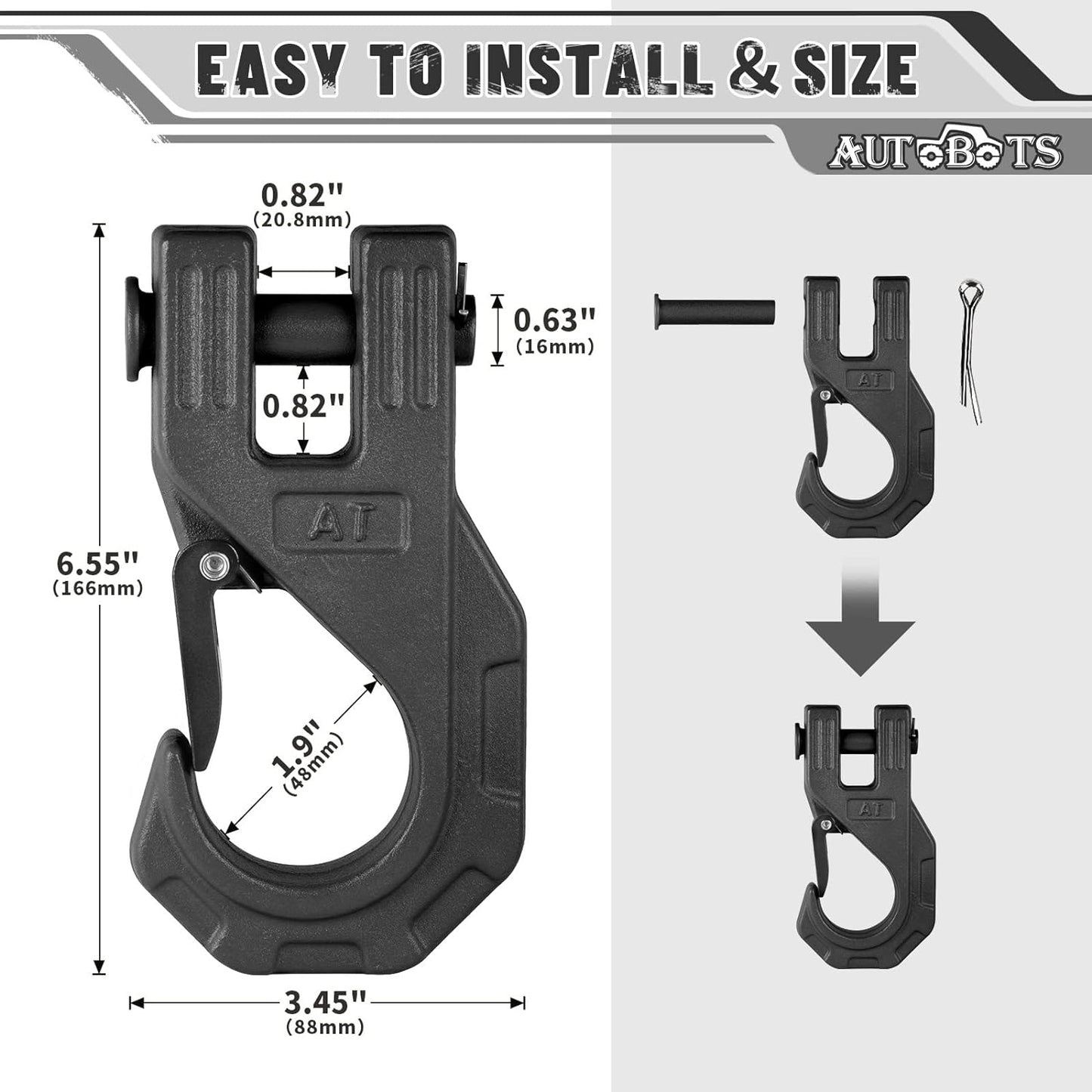 AUTOBOTS Gancho de cabrestante de 3/8 pulgadas, resistente, máximo 20 toneladas (45,000 libras), gancho de cabrestante ATV de acero forjado con pestillo de seguridad, gancho deslizante para