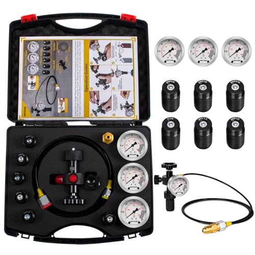Kit de carga de acumulador de nitrógeno hidráulico, kit de llenado de nitrógeno, sistema de prueba de presión, herramientas de carga de gas con 7 adaptadores, 3 calibradores, 1 manguera de gas