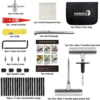 Handfly - Kit de reparación de neumáticos de alta resistencia, kit de 39 tapones de neumáticos para coche, motocicleta, camión, tractor, remolque, RV, ATV, ARB, SUV