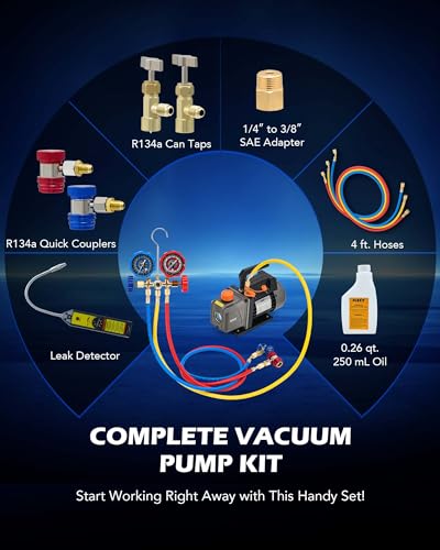 Orion Motor Tech Juego de bomba de vacío y medidor de CA, kit de manómetro de bomba de vacío de 1/3 hp 4 cfm con detector de fugas, 3 mangueras y accesorios para R134a R12 R22 R502, kit de bomba de vacío de A/C para sistemas de HVAC automático