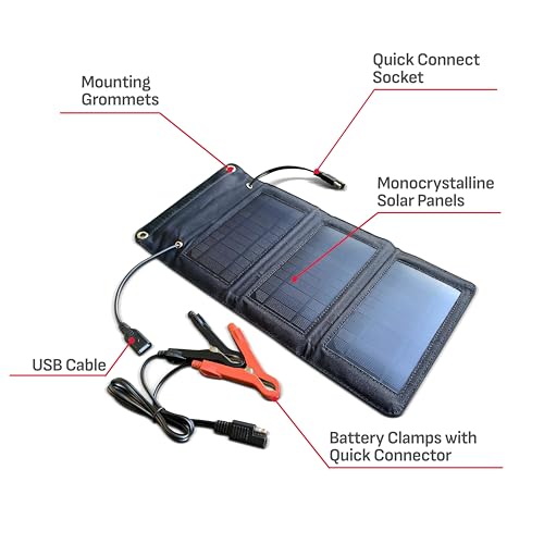 Schumacher Electric Cargador y mantenedor de batería solar portátil, SA1589, 5 vatios, 12 voltios, puerto USB de 1 amperio, para mantener baterías de motocicleta, deportes de potencia, automóvil, camioneta y marinas