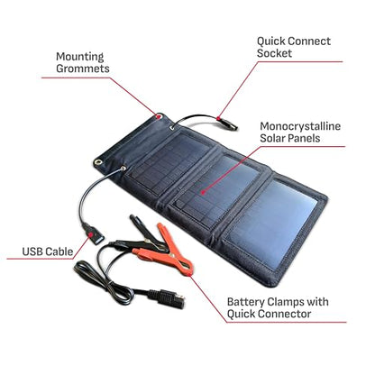 Schumacher Electric Cargador y mantenedor de batería solar portátil, SA1589, 5 vatios, 12 voltios, puerto USB de 1 amperio, para mantener baterías de motocicleta, deportes de potencia, automóvil, camioneta y marinas