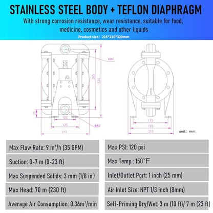 Bomba neumática de doble diafragma de 1 pulgada de entrada/salida Bomba de transferencia de aceite residual neumática para química DN25 35GPM Dual Diafragma Teflon por aleación de aluminio 115 PSI