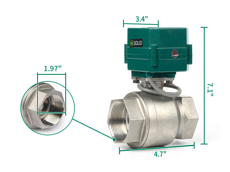US SOLID Válvula de bola motorizada de 2" - Acero inoxidable, retorno automático de 2 cables, válvula de bola eléctrica de 9-24 V CA/CC con paso total, normalmente cerrada, certificada por NSF - NPT . SKU: JFMSV00408