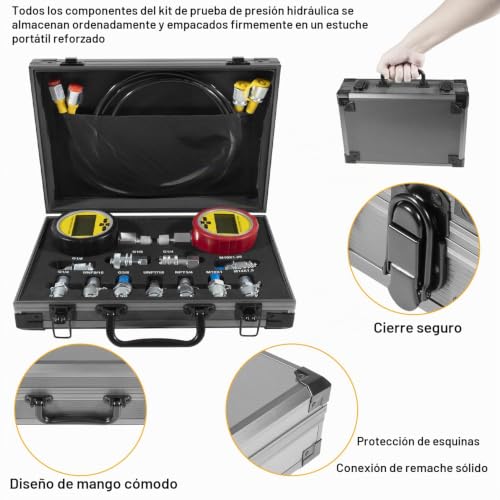 HIHITOMORROW H-464613 Kit de comprobación de presión hidráulica 70M, con medidores de presión digital 10000PSI/70MPa, 11 acoplamientos, 2 mangueras de prueba, kit de acoplamiento de probador hidráulico para sistemas