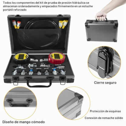 HIHITOMORROW H-464613 Kit de comprobación de presión hidráulica 70M, con medidores de presión digital 10000PSI/70MPa, 11 acoplamientos, 2 mangueras de prueba, kit de acoplamiento de probador hidráulico para sistemas