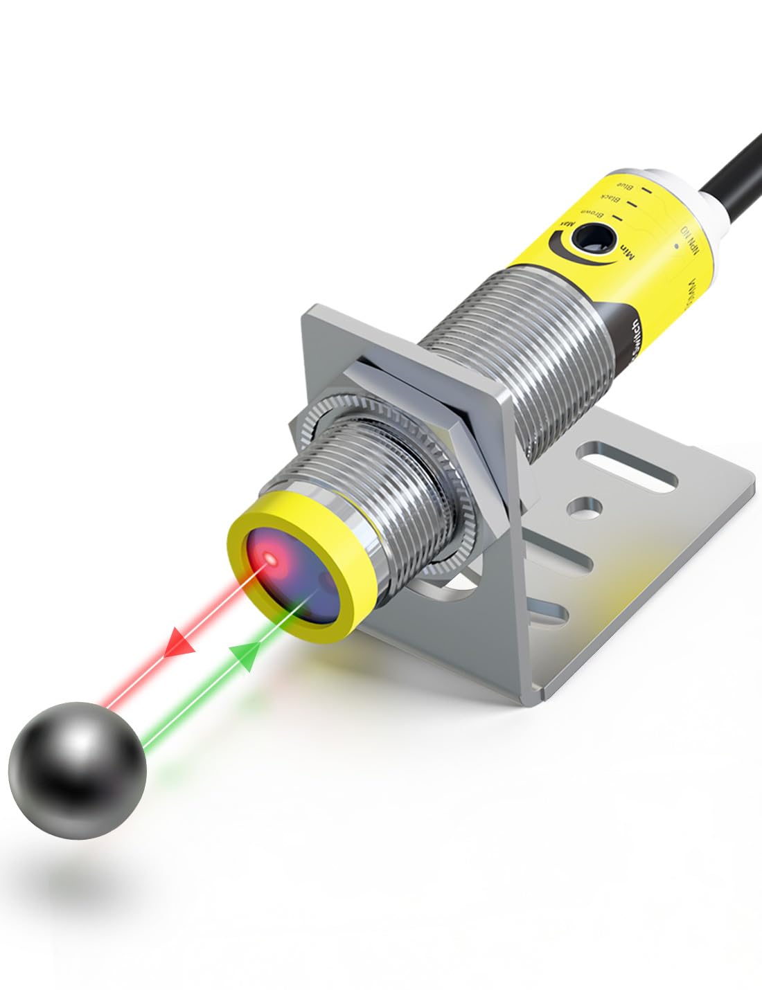 DIHOOL Sensor de proximidad fotoeléctrico, interruptor de movimiento láser, IP65 impermeable, normalmente abierto NPN NO, M16, 3 cables, entrada de 12V/24V (10-30VDC), distancia de detección ajustable