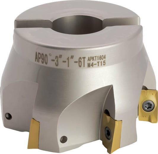 Molino de cara indexable de 90° (carcasa) de 3", para fresado de hombro cuadrado, diámetro del orificio del eje de 1", 6 flautas, con 6 piezas de inserciones de carburo APKT1604