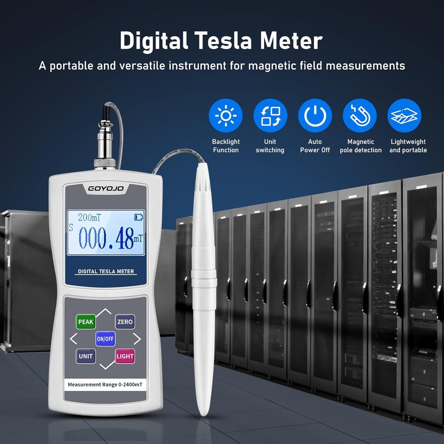 Medidor de Gauss digital portátil 0-2400mT con sonda de metal Probador de campo magnético de superficie de alta precisión Grabación de datos automática/manual Tiene precisión de función N/S ± 5%