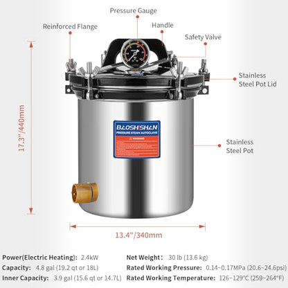 Bote de presión eléctrico de 18 litros de acero inoxidable de 19 cuartos de galón portátil para cultivo de hongos, conservas de tarro de 1.2 KW 110 V