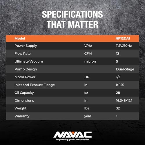 NAVAC NP12DA1 Bomba de vacío de amoníaco - Resistente a la corrosión para amoníaco (R-717) - Caudal de 12 CFM - Vacío de 5 micras - Bomba HVAC de doble etapa - Diseño de grado industrial