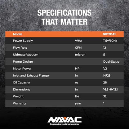NAVAC NP12DA1 Bomba de vacío de amoníaco - Resistente a la corrosión para amoníaco (R-717) - Caudal de 12 CFM - Vacío de 5 micras - Bomba HVAC de doble etapa - Diseño de grado industrial