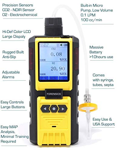 Analizador de dióxido de carbono y oxígeno para análisis de espacio de cabeza por forense | Analizador de envases de atmósfera modificada | Recarga USB | Registro de datos de computadora | Calibración 	FD-600-HA-CO2-O2