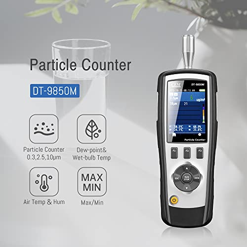 CEM Partícula de aire DT-9850M PM2.5/10 (0.3,2.5,10μm) con pantalla LCD a color TFT de 2,8 pulgadas compatible con fotos y cámara, temperatura y humedad, taller y hospital sin polvo, etc