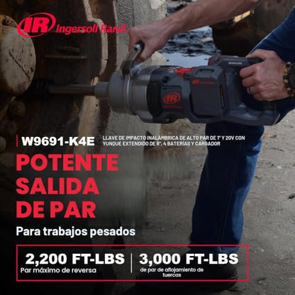 Ingersoll Rand W9691-K4E Serie W9000 Kit de llave de impacto inalámbrica de 20 voltios de 1 pulgada con cargador y yunque extendido de 6 pulgadas