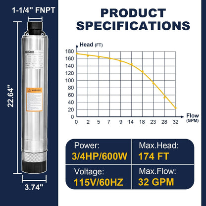 WASSERMANN Bomba séptica de 4 pulgadas con efluente sumergible/bomba de succión inferior de cisterna con cable de 33 pies, 1/2HP, 115V/60HZ, 26GPM, cabeza de 138 pies, bomba de pozo profundo de acero