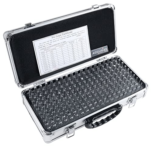 Accusize Industrial Tools - Juego de medidores de pines ZZ de precisión de 190 piezas, 0.061" a 0.250", 2" de longitud, tratado térmicamente, 60-62 RC, con caja de aluminio, M1(-) A