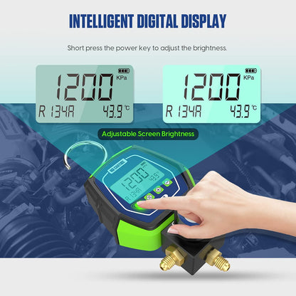 MR CARTOOL L302 - Juego de medidores digitales de 2 válvulas, sistemas refrigerantes HVAC, herramienta de comprobador de presión de fugas con 3 mangueras para aire acondicionado, refrigeración y