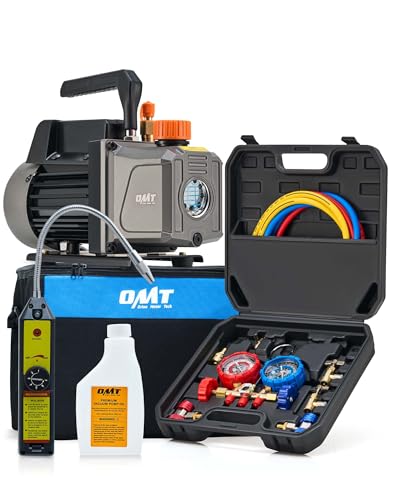Orion Motor Tech Juego de bomba de vacío y medidor de CA, kit de manómetro de bomba de vacío de 1/3 hp 4 cfm con detector de fugas, 3 mangueras y accesorios para R134a R12 R22 R502, kit de bomba de vacío de A/C para sistemas de HVAC automático
