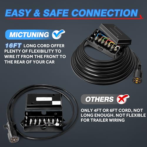 MICTUNING Cable de remolque en línea de 7 vías resistente con caja de conexiones de 7 bandas, 16 pies, resistente a la intemperie