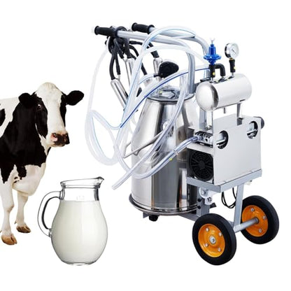 Máquina de ordeño de vaca de 25L/6.6 galones, máquina de ordeñar eléctrica con cubo de acero inoxidable 304, ordeñador al vacío de pulsación automática con tazas y tubos de silicona, para