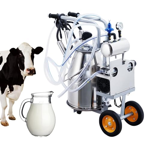 Máquina de ordeño de vaca de 25L/6.6 galones, máquina de ordeñar eléctrica con cubo de acero inoxidable 304, ordeñador al vacío de pulsación automática con tazas y tubos de silicona, para