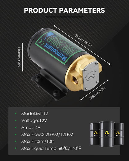 Mxmoonant Bomba de transferencia de aceite de 12 V, bomba extractora de cambio de aceite autocebante de 3.2 GPM, bomba de transferencia de combustible con mangueras para camión marino de queroseno