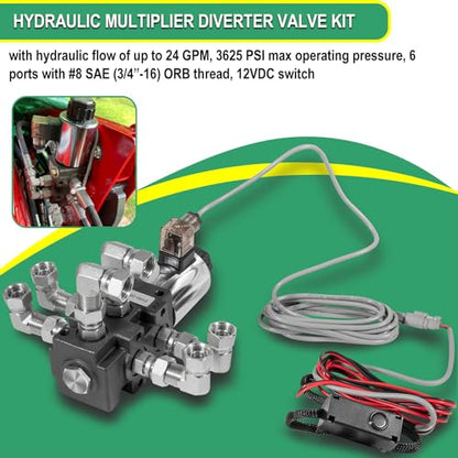 Válvula solenoide de desviador multiplicador hidráulico de 24 GPM, 6 puertos, 3625 PSI máximo, 12 VCC, con interruptor, arnés de extensión, adaptadores de acoplador de ag