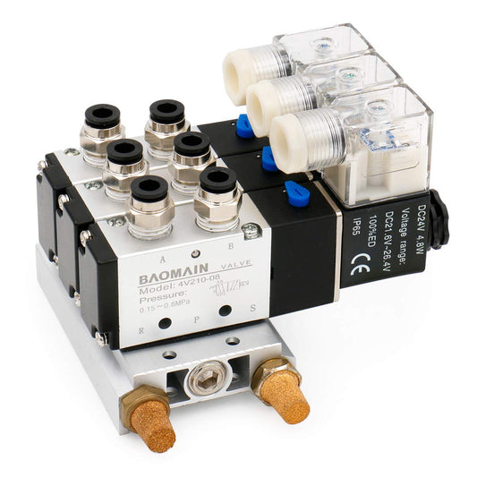 Baomain Válvula solenoide neumática 4V210-08 DC 24V 3 espacio 2 posiciones 5 vías triple silenciadores Quick Fittings Base Set. 4V210-08 -3p 24VDC