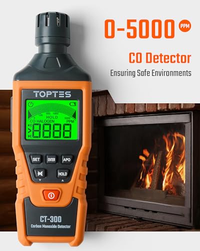 CT-300 Detector de monóxido de carbono portátil, detector de CO con alarma audible y visual, 0-5000PPM, alarma de CO, pantalla LCD retroiluminada, para el hogar, automóvil, campamento y viajes