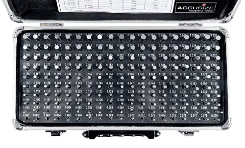 Accusize Industrial Tools - Juego de medidores de pines ZZ de precisión de 190 piezas, 0.061" a 0.250", 2" de longitud, tratado térmicamente, 60-62 RC, con caja de aluminio, M1(-) A