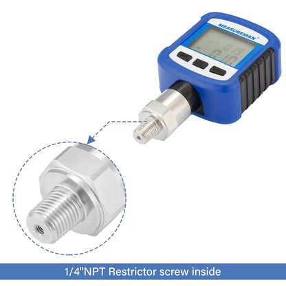 Medidor de presión industrial digital de 0-60 psi, 0.2% FS, NPT de 1/4 pulgadas inferior, caja y conexión de acero inoxidable, alimentado por batería, con Bluetooth y luz LCD