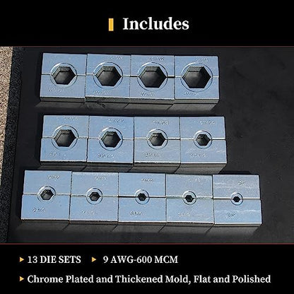 Herramienta de prensado hidráulica de 16 toneladas, gama de 9 AWG-600 MCM herramienta de prensado de barandilla de cable de 2,2 cm de carrera con 13 pares de juegos de troqueles para bricolaje, reparación automática