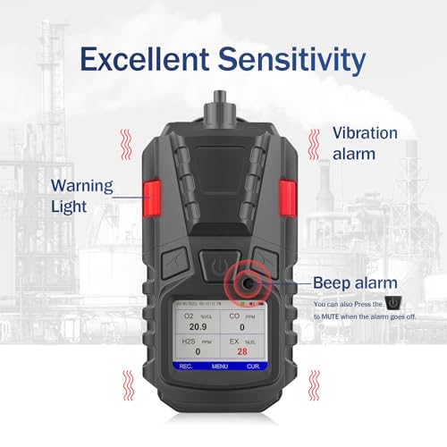 Detector de gas con bomba, 4 monitores de gas, detector de gas múltiple CO EX O2 H2S, monitor recargable de 4 gases de 3000 mAh con kit de calibración, pantalla LCD portátil con clip detector de gas FS11301