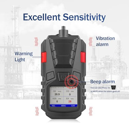 Detector de gas con bomba, 4 monitores de gas, detector de gas múltiple CO EX O2 H2S, monitor recargable de 4 gases de 3000 mAh con kit de calibración, pantalla LCD portátil con clip detector de gas FS11301