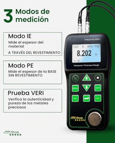 Medidor de espesor ultrasónico Industrial-888X – Eco-Echo Through Coating hasta 19,7 mils (500 μm), Pulse-Echo para hierro fundido, Exportación de datos de PC, Medidor de espesor NDT 0.039–19.685 in. VVV-Group