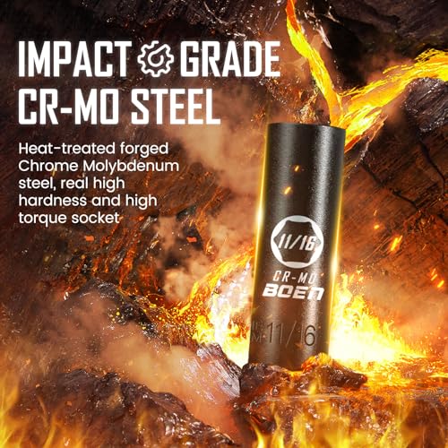 boen Juego de llaves de impacto de 119 piezas, juego de llaves de vaso de 1/2" y 3/8" profundo/poco profundo SAE/métrico, Cr-MO y S2, 6 puntos, broca de impacto, enchufes Allen incluidos