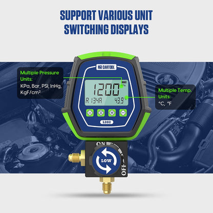 MR CARTOOL L302 - Juego de medidores digitales de 2 válvulas, sistemas refrigerantes HVAC, herramienta de comprobador de presión de fugas con 3 mangueras para aire acondicionado, refrigeración y