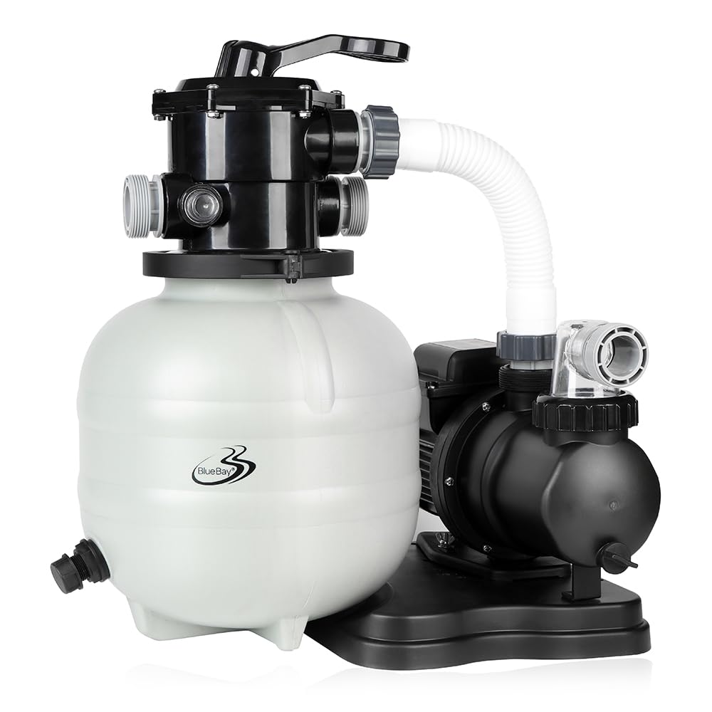 BlueBay Bomba de filtro de arena de 13 pulgadas, 1/3 HP 1850 GPH con temporizador, válvula de 7 vías y cesta coladora para piscinas sobre el suelo de hasta 8000 galones, fácil instalación, gris