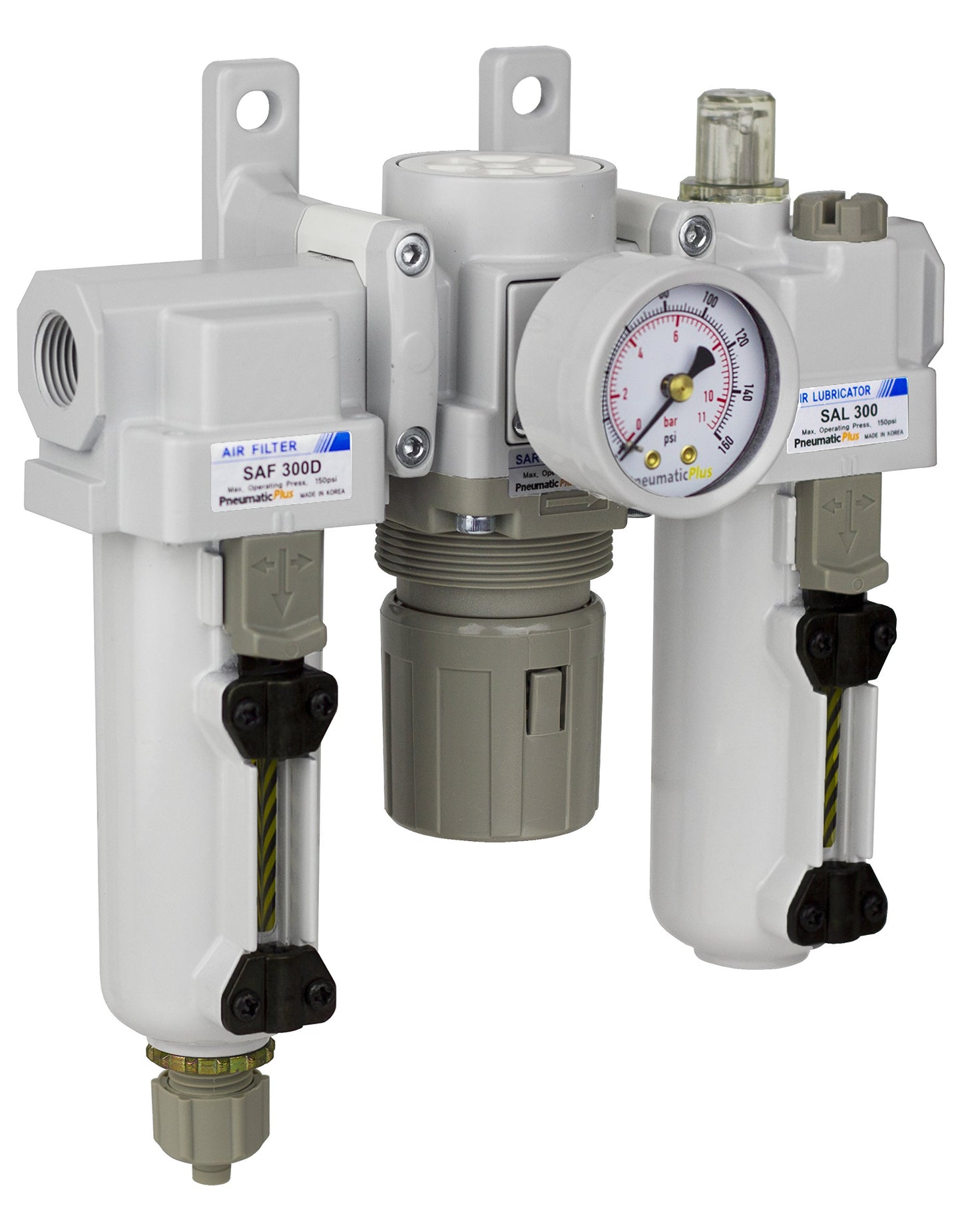 PneumaticPlus SAU300-N03G-MEP Filtro de Aire Comprimido Regulador Lubricador Combo 3/8" NPT - Cuenco de metal, drenaje manual, soporte, calibre