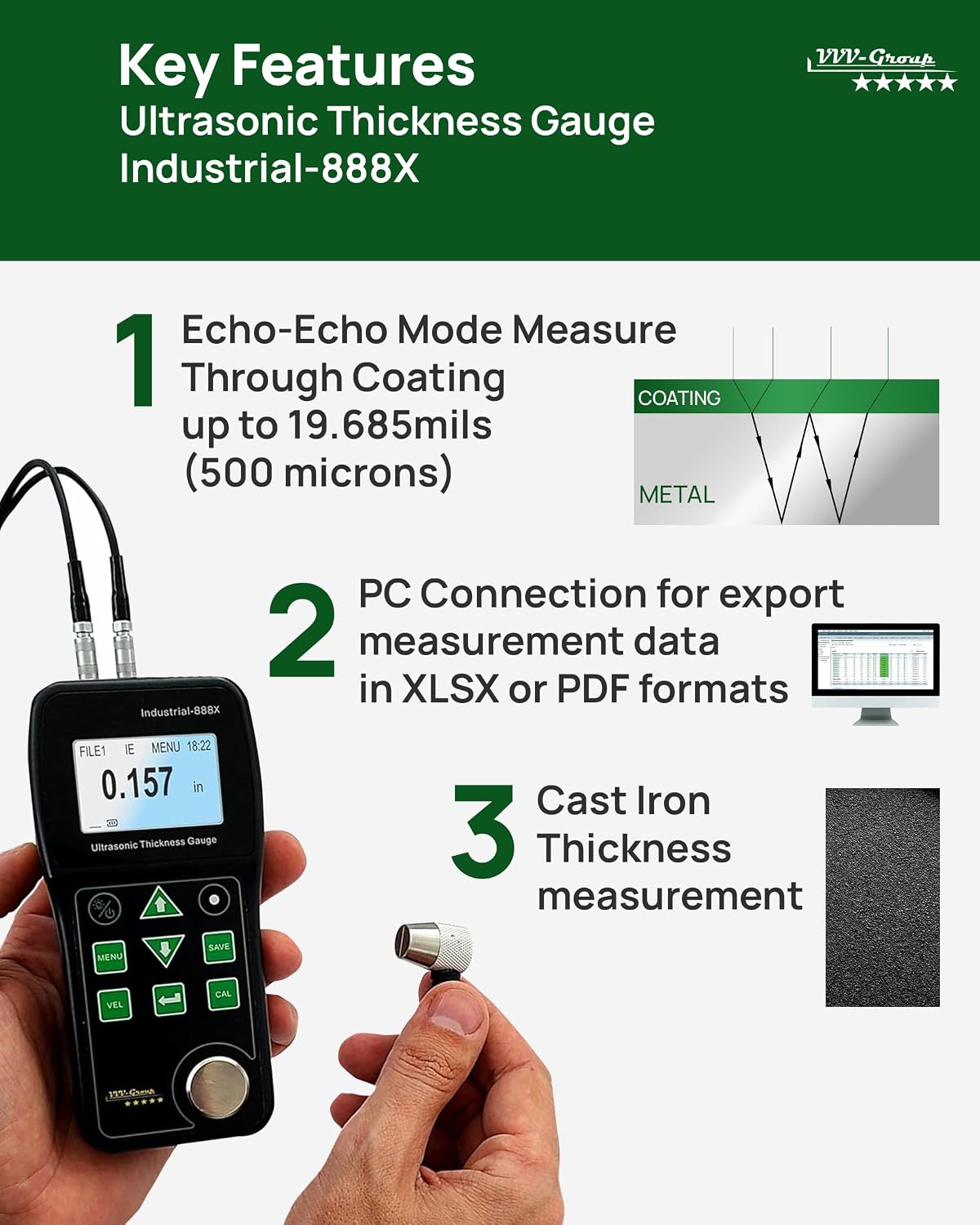 Medidor de espesor ultrasónico Industrial-888X – Eco-Echo Through Coating hasta 19,7 mils (500 μm), Pulse-Echo para hierro fundido, Exportación de datos de PC, Medidor de espesor NDT 0.039–19.685 in. VVV-Group